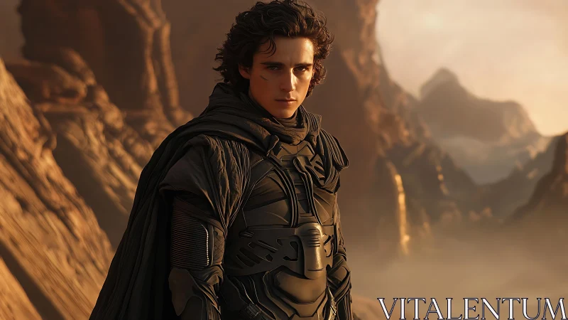 Brooding young wanderer stands in armor on a desert world