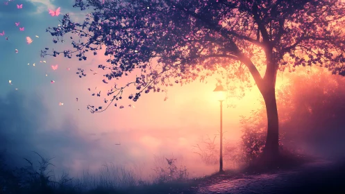 Twilight lakeside cherry tree with glowing fog and butterflies.