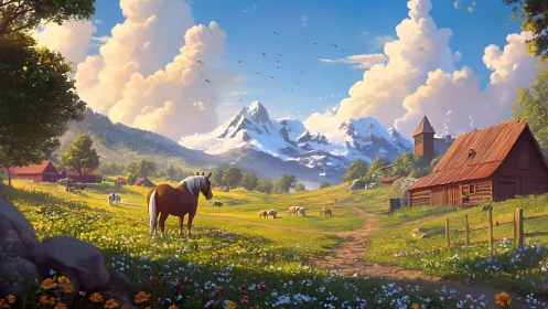 Idyllic alpine farm valley rendered in luminous digital painting