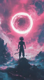 Silhouetted warrior stands beneath glowing pink cosmic portal