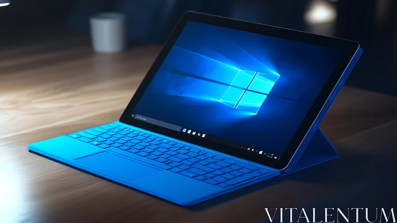 Angled Windows tablet-laptop hybrid with vivid blue keyboard.