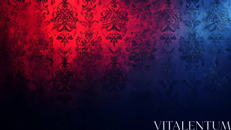 Rich red and blue damask wallpaper glowing with charm.