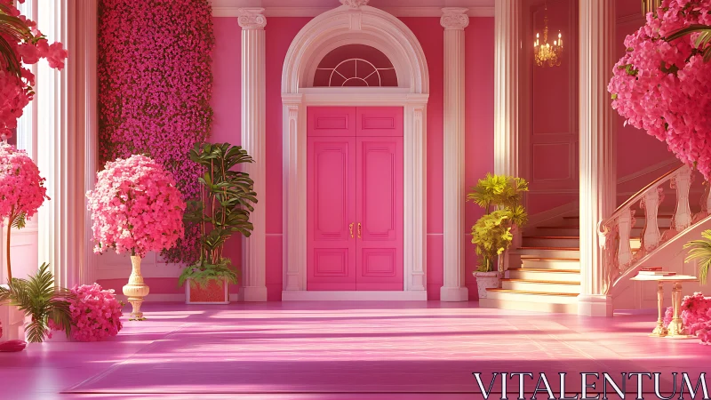 Digital pink atrium interior with neoclassical columns and florals.