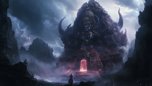 Lone wanderer approaches colossal demonic temple gate