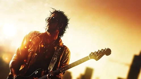 Sunlit rock guitarist plays against a glowing city skyline