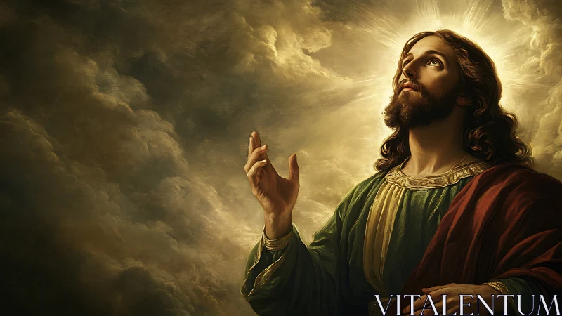 Religious portrait of praying man under glowing heavenly light.