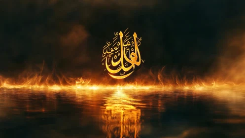 Arabic calligraphy over reflective fiery water surface.