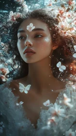 Digital painting portrait with floral ethereal surround detail.