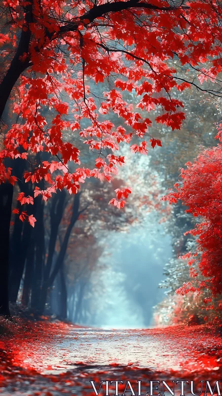 Tree-lined pathway with red foliage under diffused natural light