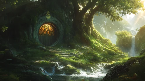 Enchanted forest doorway glows beneath an ancient tree.