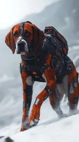 Brave cyber rescue dog trekking through misty snowfields.