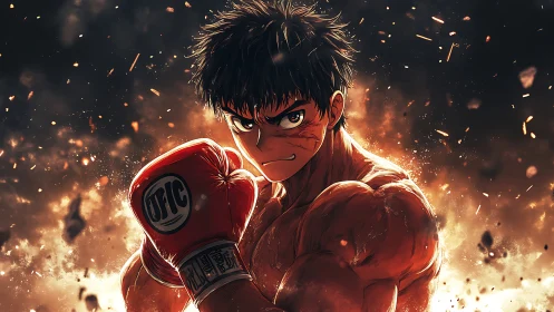 Defiant anime boxer stands amid blazing embers and smoke.
