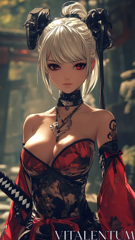 Anime warrior woman stands in ornate red and black outfit