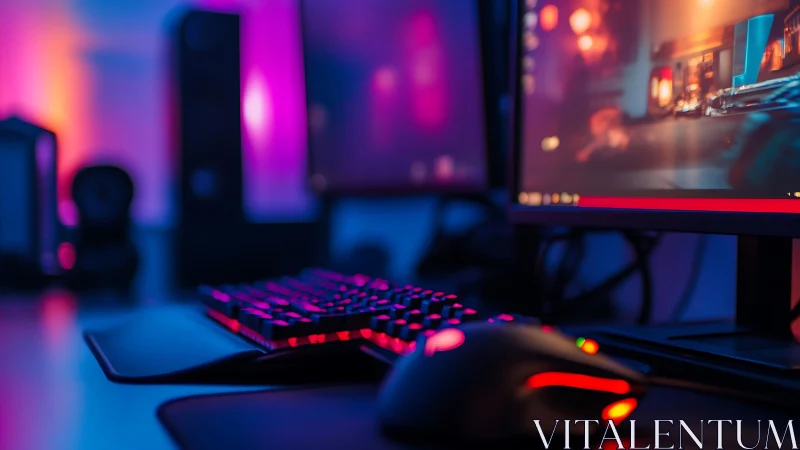 Neon gaming desk glows softly with an inviting night setup