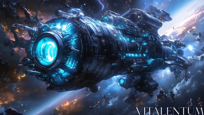 Colossal starship with glowing blue core in deep space.