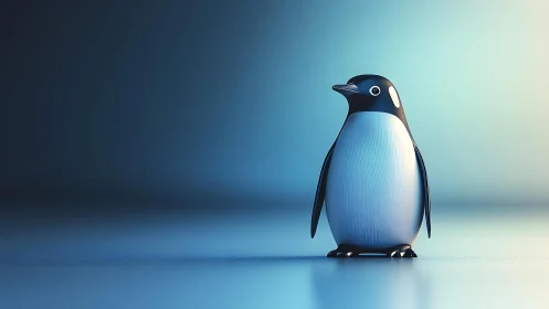 Cute Stylized Penguin on Smooth Blue Gradient Background, Digital Art.
