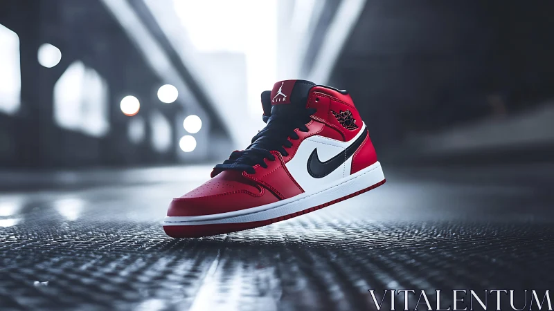 Red black high-top sneaker in cinematic urban spotlight shot.