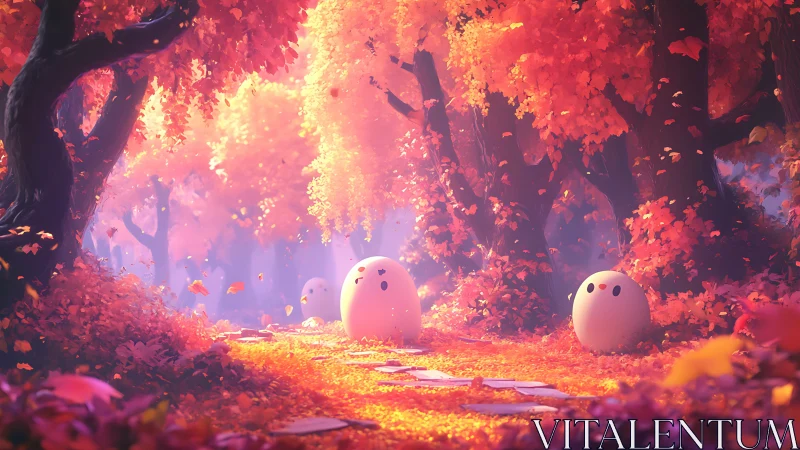 Soft-bodied forest spirits along luminous autumn pathway