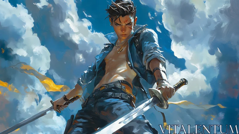 Young swordsman holding twin blades under cloudy sky.