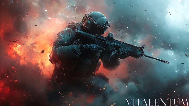 Armored soldier aiming rifle amid fiery battlefield clouds.