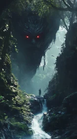 Forest colossus with ember eyes guards the misted ravine.