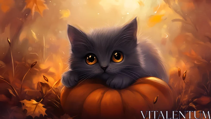 Black Cat with Golden Eyes Rests on Glowing Autumn Pumpkin