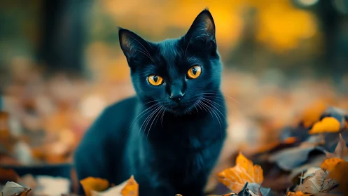 Black Cat With Luminous Amber Eyes in Autumn Setting.