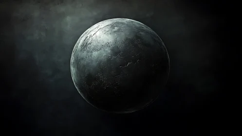 Metallic sphere floats in dark textured void. Period.
