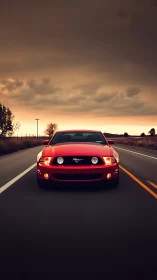 Red sports car charges down empty highway at dusk.