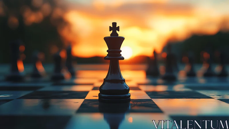 Sunlit chess king stands in sharp focus at dramatic sunset
