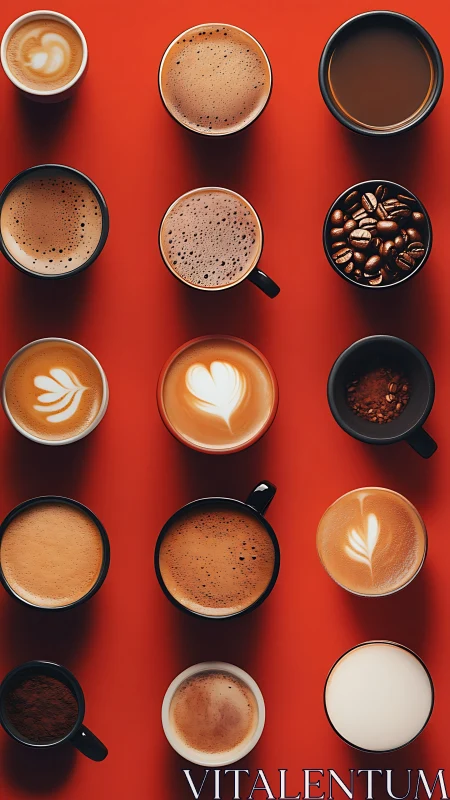 Cozy coffee cups lined in vibrant rows on warm red backdrop.