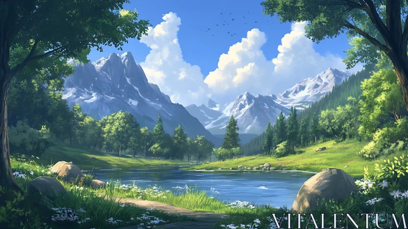 Mountain lake in bright green valley under clear sky.