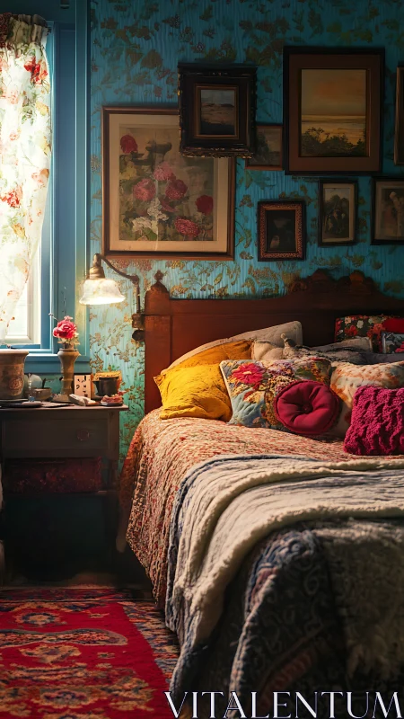 Vintage bedroom glows in warm lamplight and floral decor.