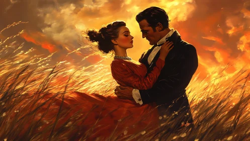 Romantic couple in golden wheat field at sunset.