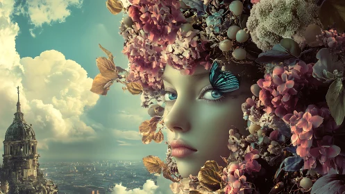 Dreamy flower-crowned muse watching a storybook cityscape.