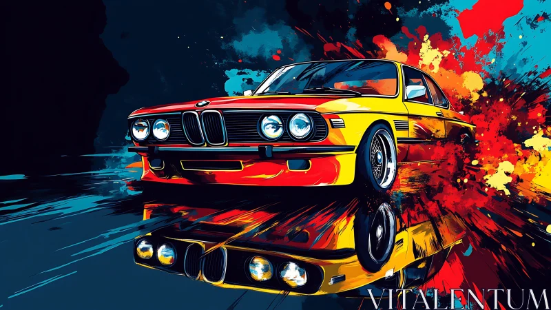 Classic BMW coupe bursts through neon paint explosion.