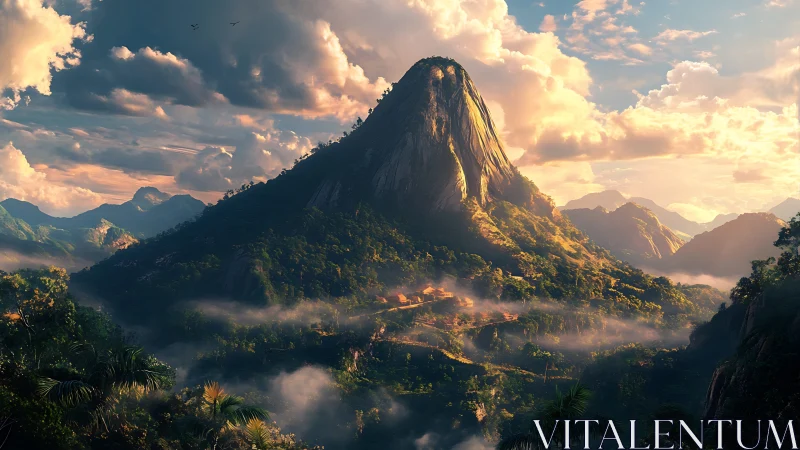 Lush jungle mountain under dramatic sunset clouds.