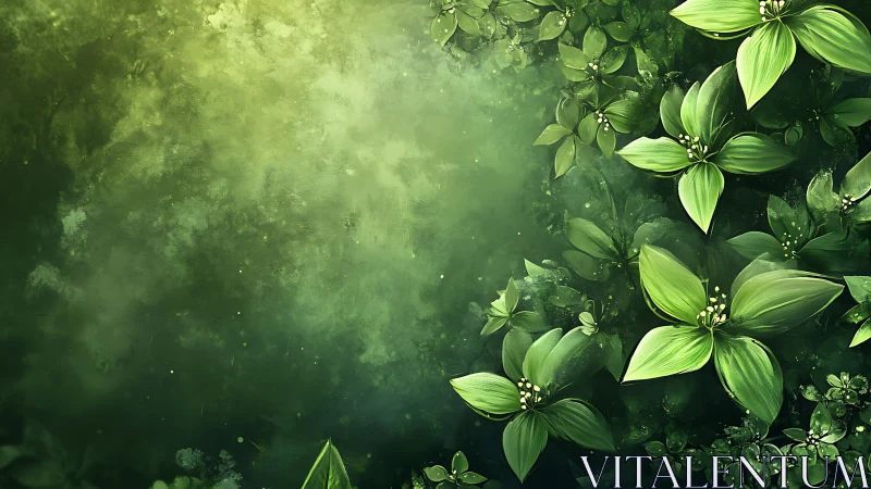 Soft green garden drift with glowing leaves and quiet light.