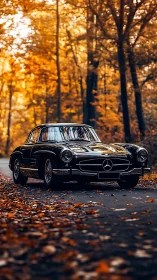 Classic black Mercedes 300SL parked on forest road in autumn