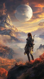 Solitary ranger overlooking twin-peaked range beneath massive moon