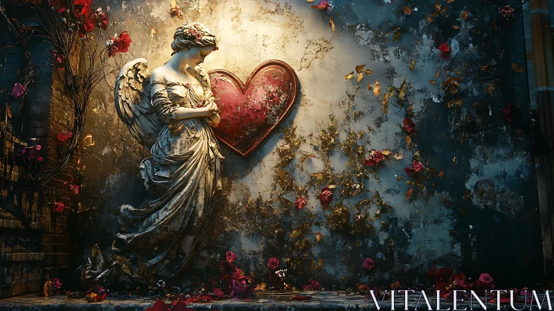 Winged Angel Guards Crimson Heart Against Weathered Wall.