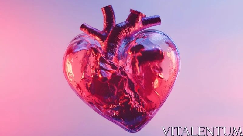 Glass human heart in vibrant pink and purple lighting, digital art.