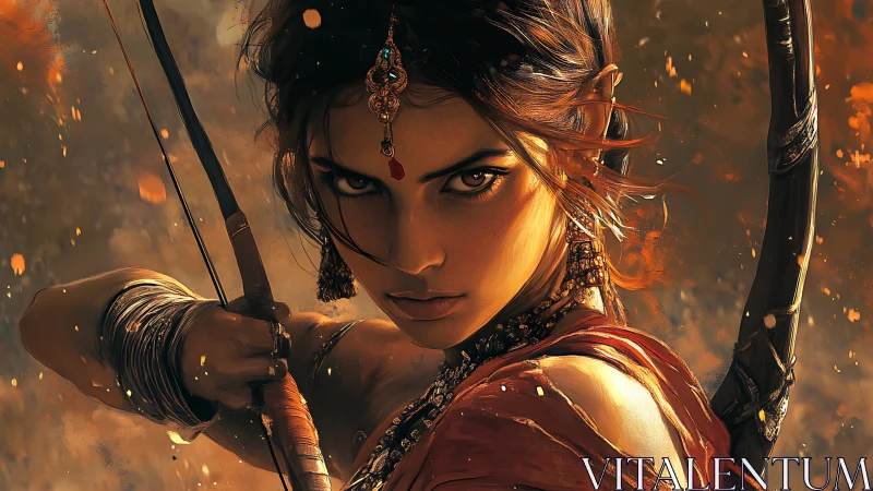 Focused female archer in ornate attire amid embers.