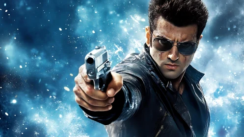 Gunman in leather jacket aiming pistol through blue chaos.