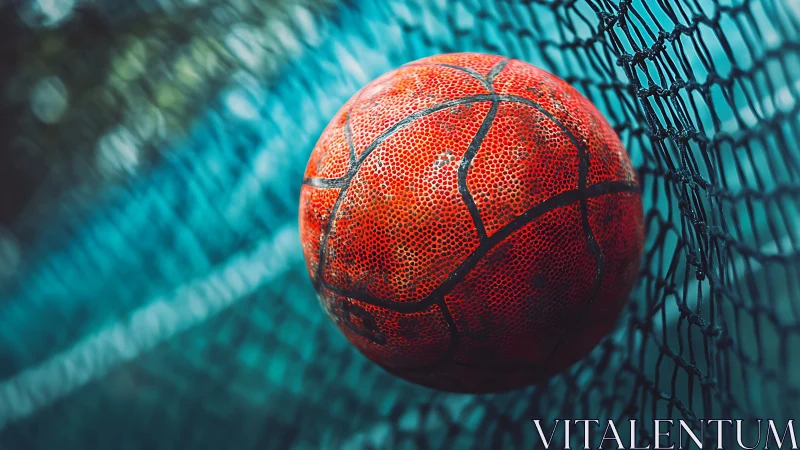 High-friction basketball compresses dynamically into blue nylon net