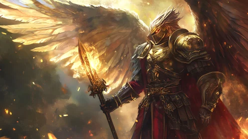 Armored seraph warrior rendered with dynamic lighting and volumetric fire