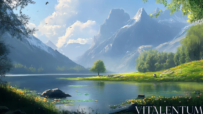 Glacial valley lake with luminous meadow and isolated tree focus.