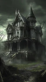 Moody Victorian haunted house wrapped in eerie twilight.