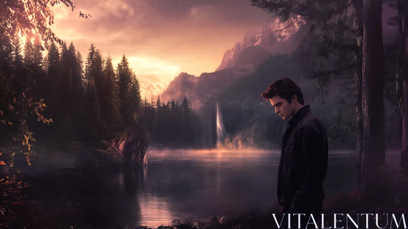 Solitary male figure beside misted forest lake at dusk.