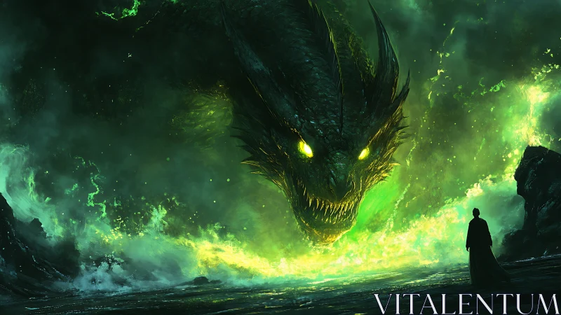 Emerald dragon emerges from toxic surf confronting lone mage.